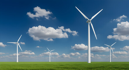 Fototapeta premium Wind Turbines in a Green Field with Blue Sky and White Clouds Generate Renewable Energy