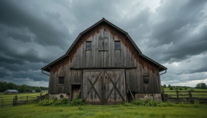 Obraz premium Rustic Barn Under Dramatic Dark Cloudy Sky in Open Landscape Scene