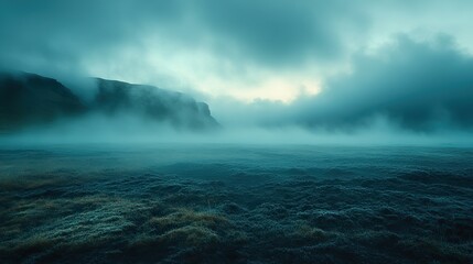 Naklejka premium Opaline mist rolls across a desolate landscape, obscuring the view