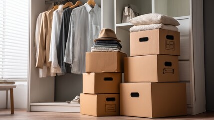 Organized wardrobe with cardboard boxes for efficient home storage solutions