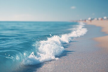 serene beach under clear sky waves gently kissing shore people sparsely scattered in background deliberately out of