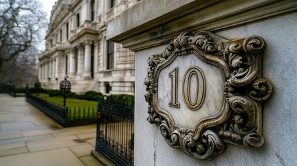 Ornate house number plaque on a stately building