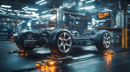 Fototapeta premium A cutting-edge installation of battery modules in an electric vehicle factory, showcasing digital monitoring and modern, sterile designs.