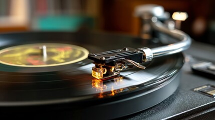 Close up view of a record player needle on a vinyl record, warm lighting.