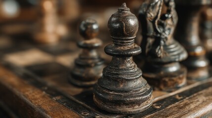 Close up of dark brown chess piece on antique wooden board