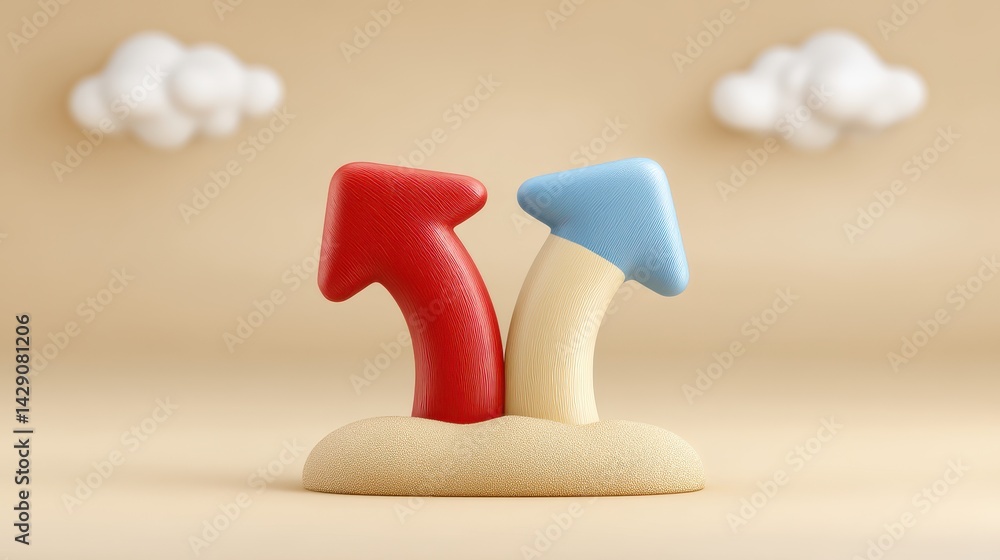 Poster a playful 3d rendering featuring two colorful arrows, one red and one blue, pointing upwards, surrou