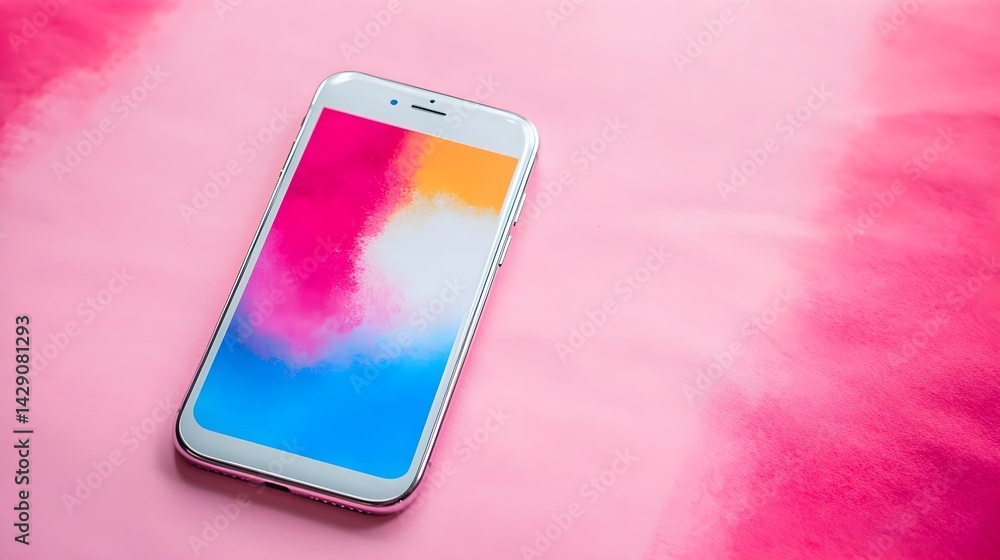 Poster dynamic app interface mockup on smartphone vibrant background digital design creative environment