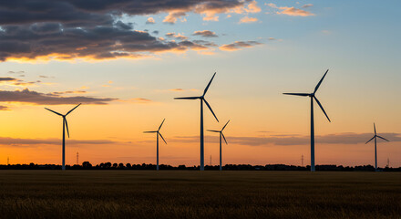 Wind Turbines at Golden Sunset Sky in Open Field Sustainable Energy Concept
