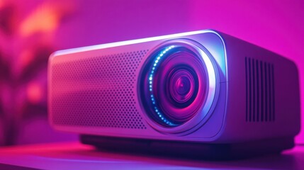 A high-end cinema projector with a futuristic aesthetic, on a soft lavender background 