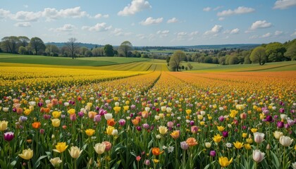 Vibrant Tulip Fields Under Bright Blue Sky in Springtime Landscape
