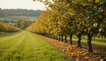 Fototapeta premium Tranquil Autumn Pathway Through Lush Orchard Landscape at Sunset