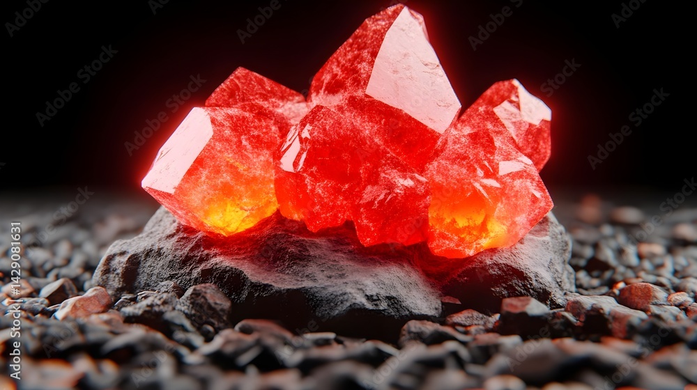 Poster dynamic crystals interacting with electricity laboratory 3d visualization dark environment close-up 