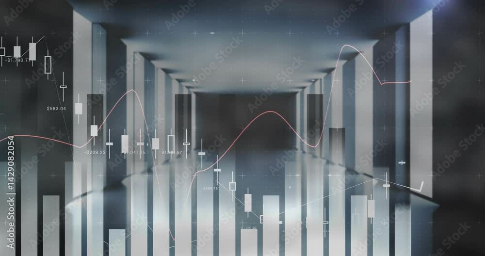Poster financial data being visualized over futuristic corridor with bar chart icons in 3d render