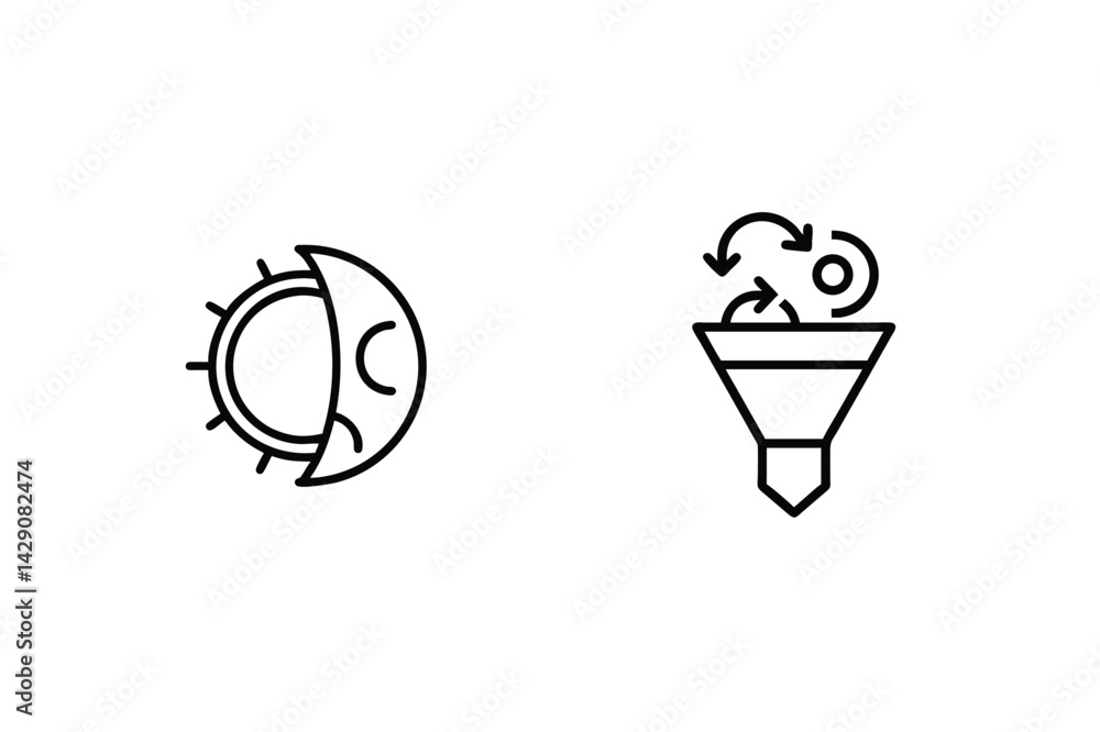 Poster icon set illustrating data filtering and renewable energy conversion process