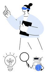 Woman wearing VR goggles with a notebook gestures forward symbols of innovation include a light bulb, magnifying glass, and AI robot with dollar icon. Ideal for technology, education, data analysis