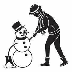 Obraz premium Man Building A Snowman Monochrome Winter Scene Black And White Silhouette