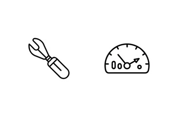 Isolated Vector Icons Depicting Simple Wrench And Speedometer On White Background