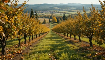 Fototapeta premium Scenic Autumn Landscape with Rows of Trees and Distant Mountains