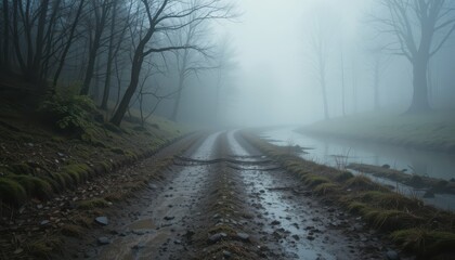 Serene Foggy Landscape with Muddy Pathway and Still Waters
