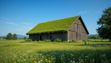 Rustic Barn with Green Grass Roof Surrounded by Lush Landscape