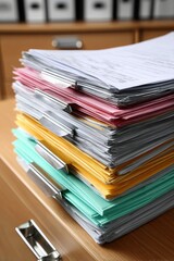 Medical folder, open to a page with handwritten notes, resting atop other files on a wooden desk - medical healthcare setting