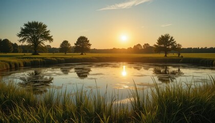 Obraz premium Serene Sunrise Over Tranquil Pond with Lush Greenery and Trees