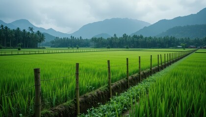 Fototapeta premium Lush Green Rice Fields with Mountains and Cloudy Sky in Background