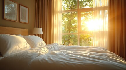 Peaceful hotel morning- Warm sunlight illuminates a comfortable bed.