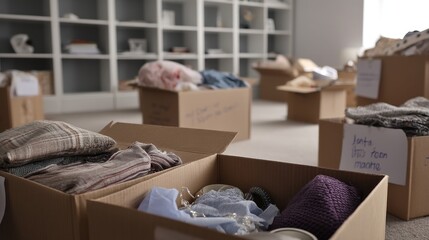 Organizing and packing clothes in cardboard boxes for home storage or moving