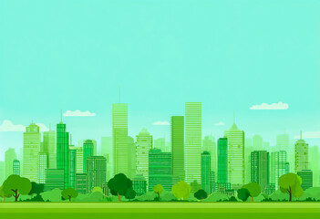 A flat vector illustration of a green city skyline with buildings and trees on a grassland, against a light sky-blue background. The color tone has low saturation, with a green main theme