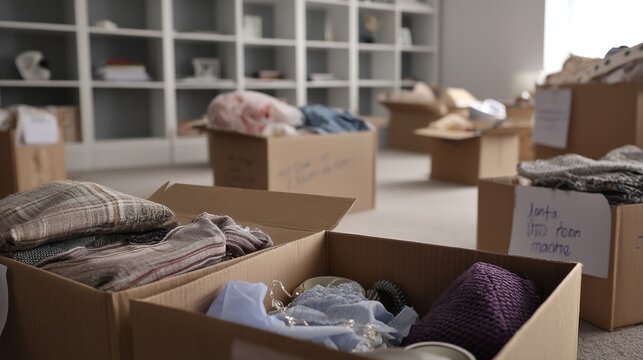 Organizing and packing clothes in cardboard boxes for home storage or moving