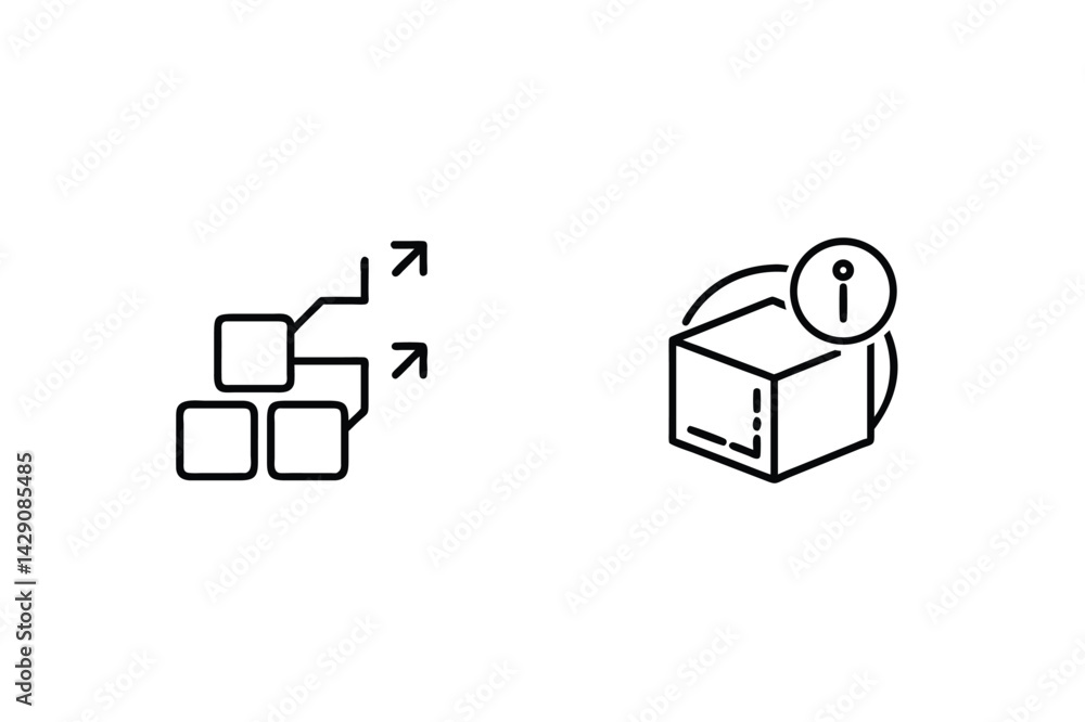 Poster outline icons for data processing and information delivery in black and white