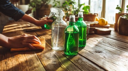 Eco-friendly cleaning concept with green cleaning products and plants in sunlit kitchen