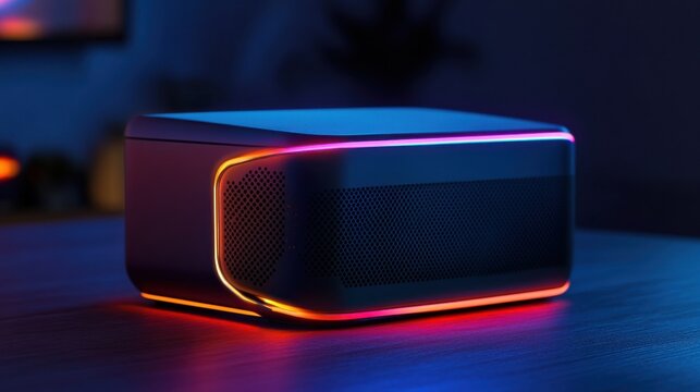 A modern projector designed for gaming with RGB lighting accents, on a dark blue backdrop