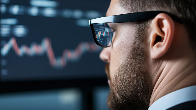 Close-up of a businessperson in a professional office setting, carefully studying multiple computer screens displaying real-time sales data, growth analysis, and performance trends