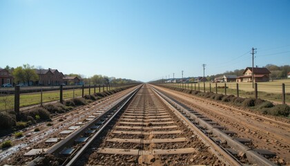 Obraz premium Empty Railway Tracks Stretching Into Horizon Under Clear Blue Sky