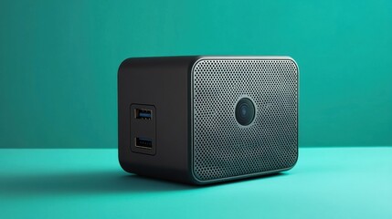 Obraz premium A portable pocket projector with a USB-C connection, isolated on a plain teal background