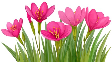 Obraz premium Vibrant pink flowers with green leaves, isolated on white