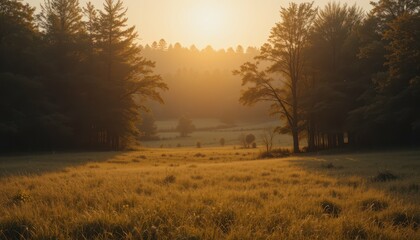 Fototapeta premium Serene Morning Light Over Misty Field with Tall Trees and Hills