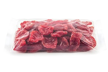 Fototapeta premium Dried Strawberry Pack: An overhead shot captures a transparent pack brimming with dried strawberry, presenting a tempting view of the flavorful treats.