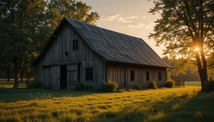Obraz premium Rustic Barn Surrounded by Green Meadow and Bright Sunrise Glow