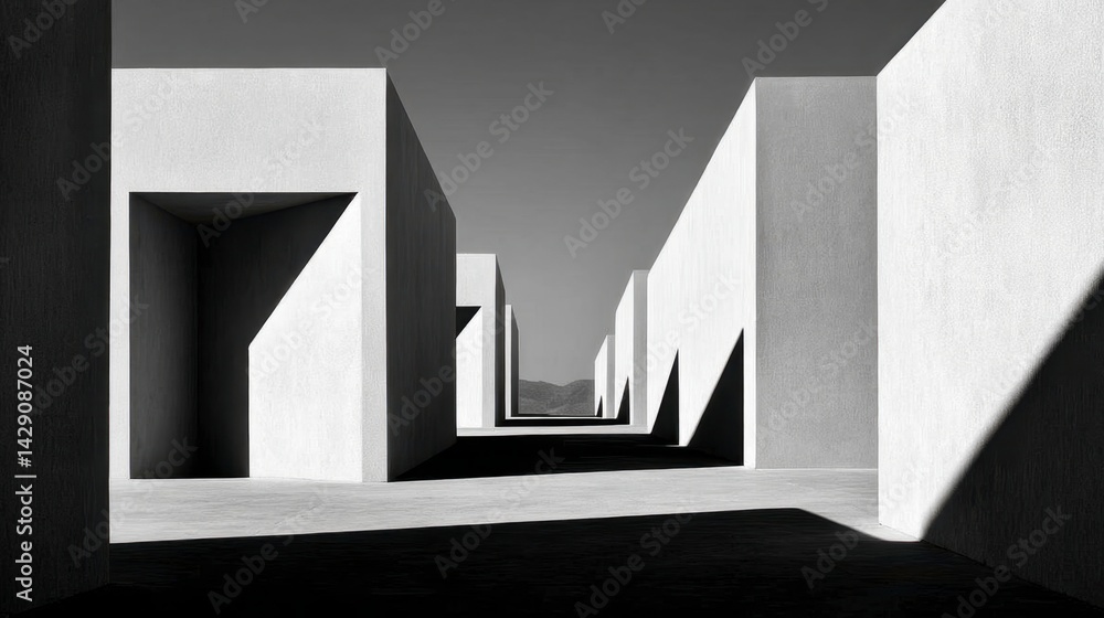 Aufkleber black and white photo of a series of geometric concrete structures under a bright sky, creating stro