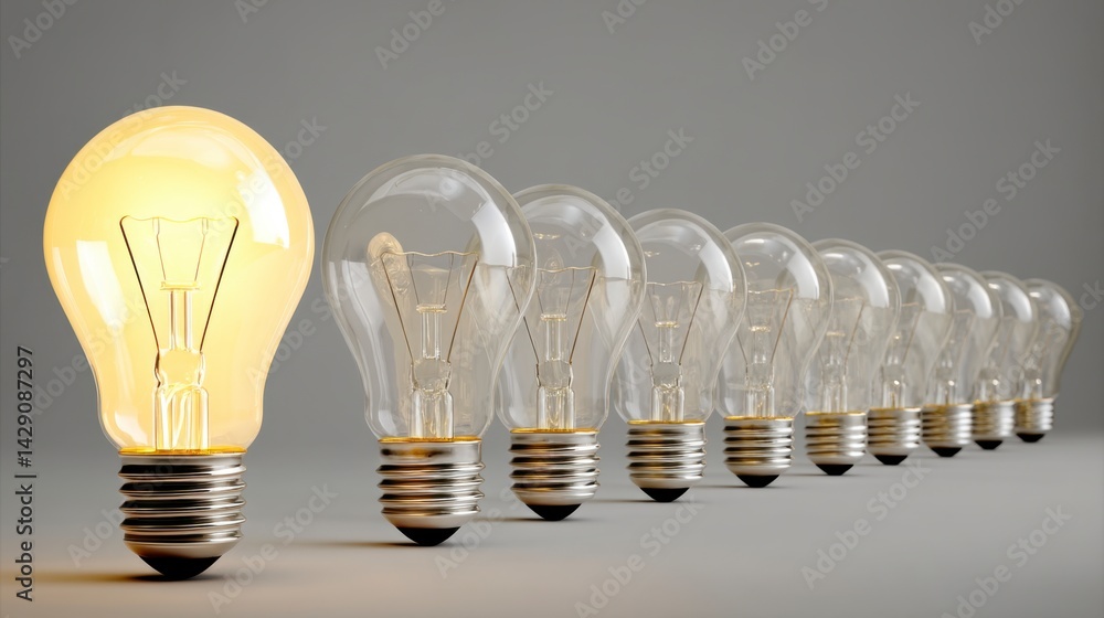 Poster glowing lightbulb stands out from a row of unlit bulbs against a gray background.