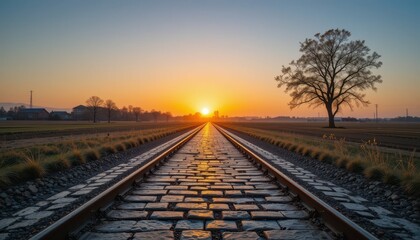 Obraz premium Tranquil Sunrise Over Railroad Tracks and a Solitary Tree