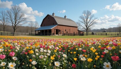 Obraz premium Colorful Tulip Field with Red Barn Under Bright Blue Sky