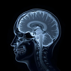 A striking sagittal view of a human skull and brain, showcasing intricate anatomical detail.  The image is rendered in shades of blue against a black background.