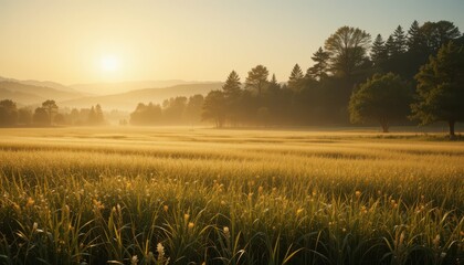 Sunrise Over Serene Field With Misty Mountains In Background