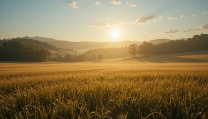Serene Sunrise Over Golden Fields and Rolling Hills in Nature