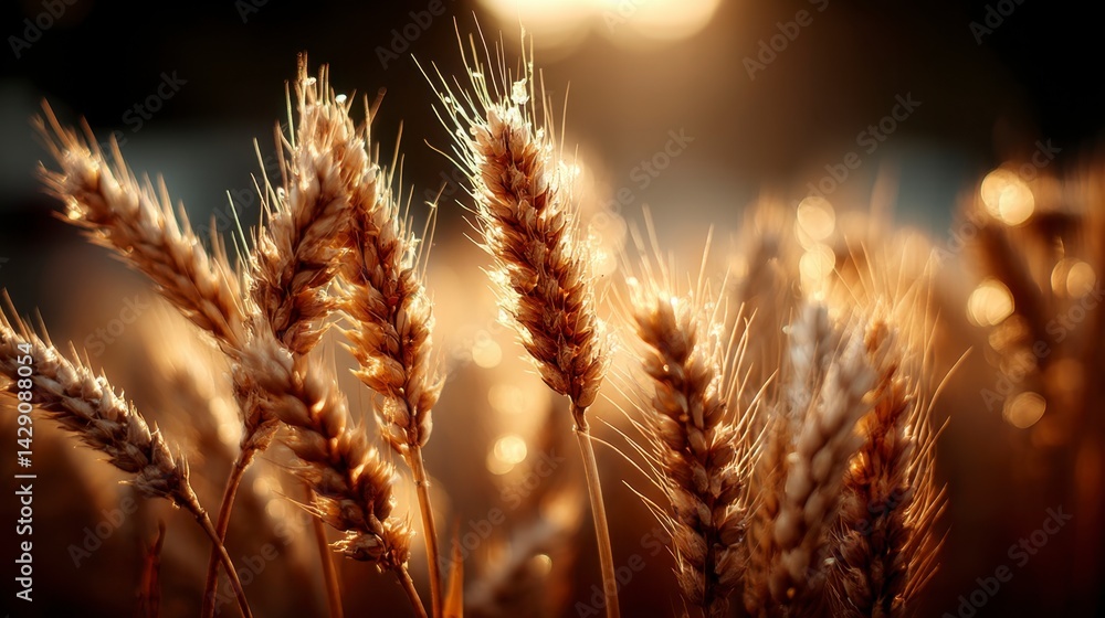 Poster golden wheat stalks illuminated by warm sunlight, close up view with bokeh effect.