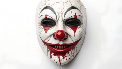 his image features a terrifying clown mask isolated against a stark white background. The mask has a white, heavily cracked surface, giving it an aged and damaged app